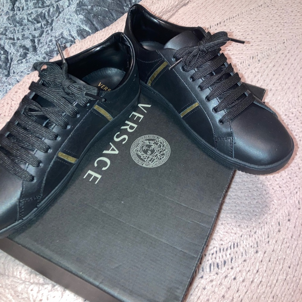Versace black and gold leather sneakers